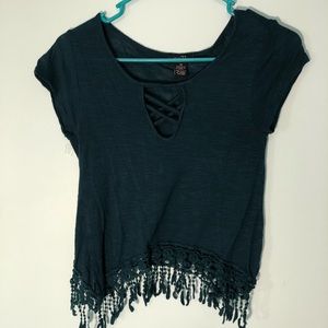 Dark blue crop top with tassels at the end